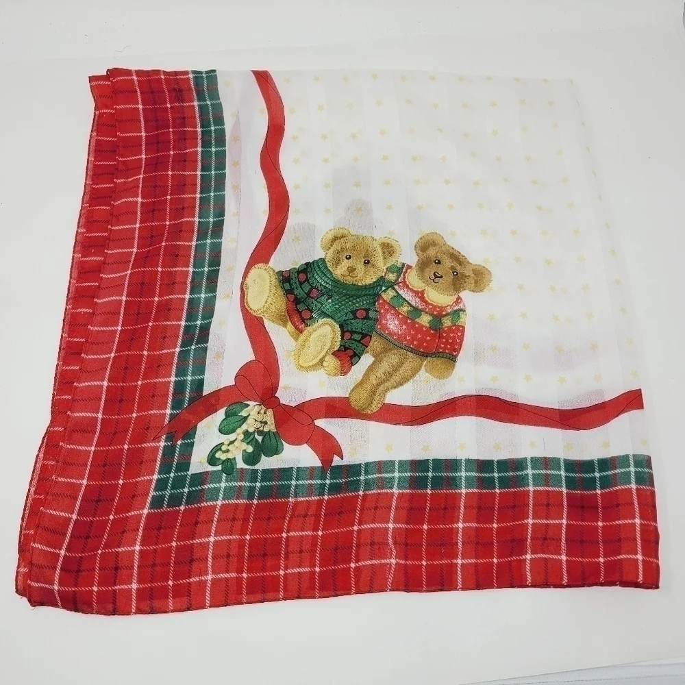 Avon | Vintage White Square Christmas Teddy Themed Scarf/Handkerchief (One Size)
